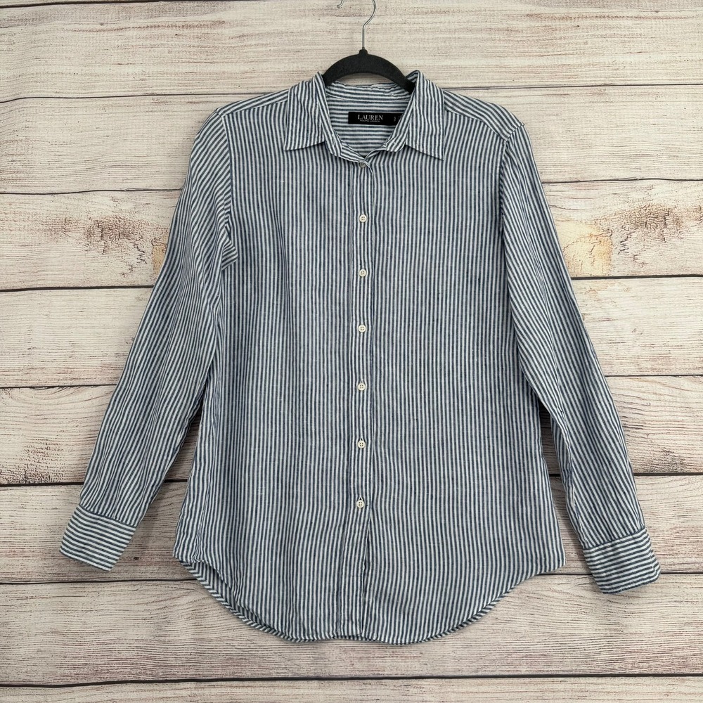 Lauren Ralph Lauren Linen Button Down Women SP Blue White Striped Long Sleeve